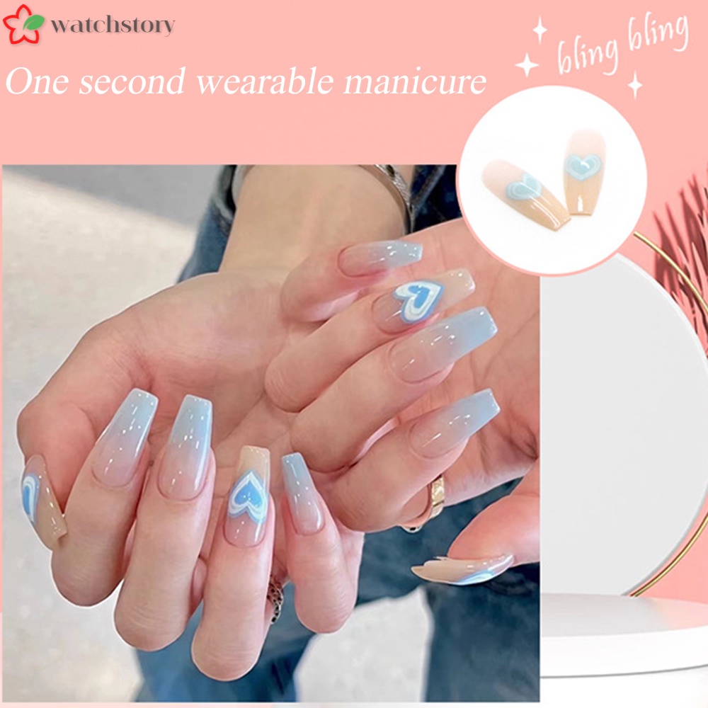 Bộ 24 Móng Chân Giả Hình Trái Tim Màu Xanh Dương Gradient Thời Trang Cho Nữ Và Phụ Nữ DIY