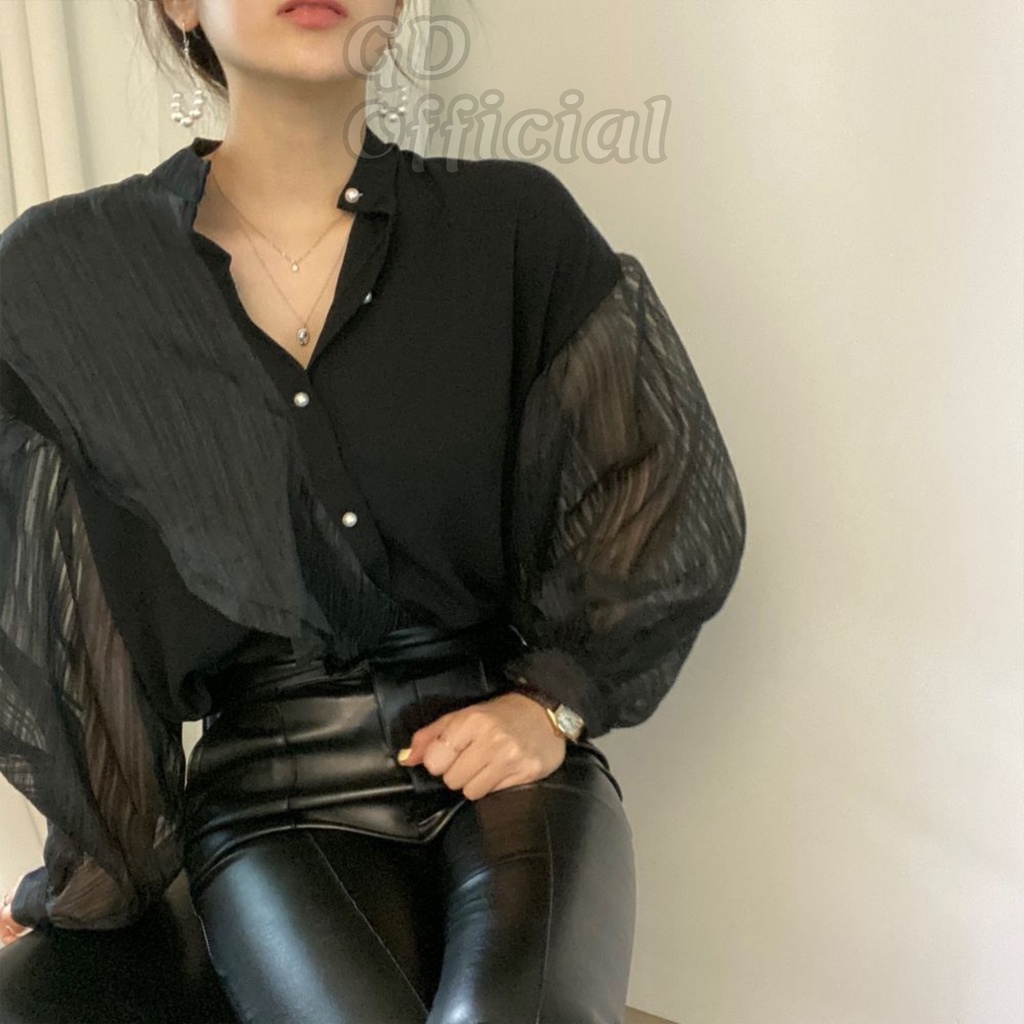 A51|Áo sơ mi công sở hàn quốc cổ tròn chất lưới mỏng màu trắng, đen gd_order