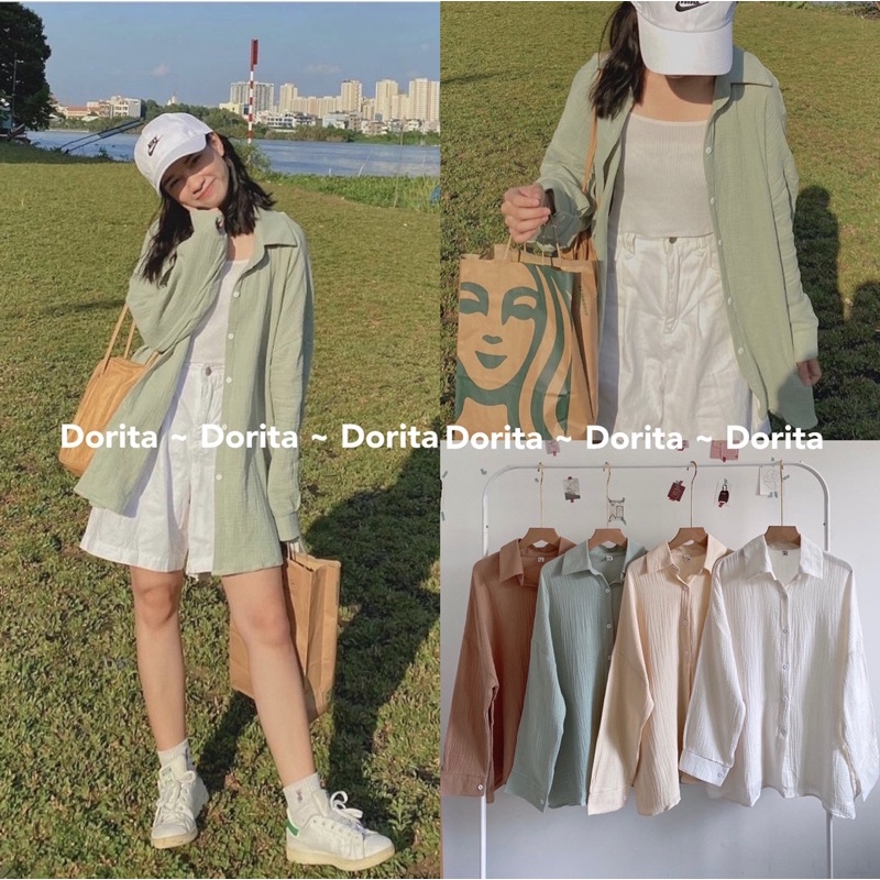 [Ảnh thật/Video] Áo sơ mi nhăn Bascis, Áo sơ mi nhăn phong cách Hàn Quốc - Dorita Boutique