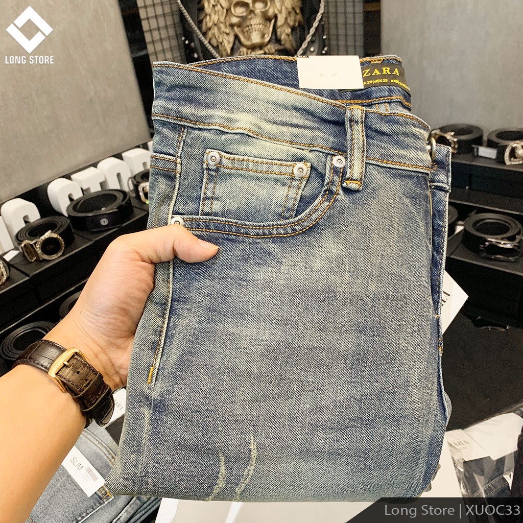 Quần jean nam rách xước cao cấp chất bò co giãn màu xanh nhạt bui ống đứng dáng ôm skinny LONGSTORE Xuoc33 | BigBuy360 - bigbuy360.vn