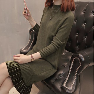 Đầm bầu thu đông - váy len chân váy xếp ly