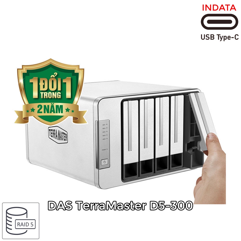 Bộ lưu trữ dữ liệu DAS TerraMaster D5-300 RAID 5, USB-C 3.0 SuperSpeed, 210MB/s, 5 khay ổ cứng RAID 5, up to 80TB