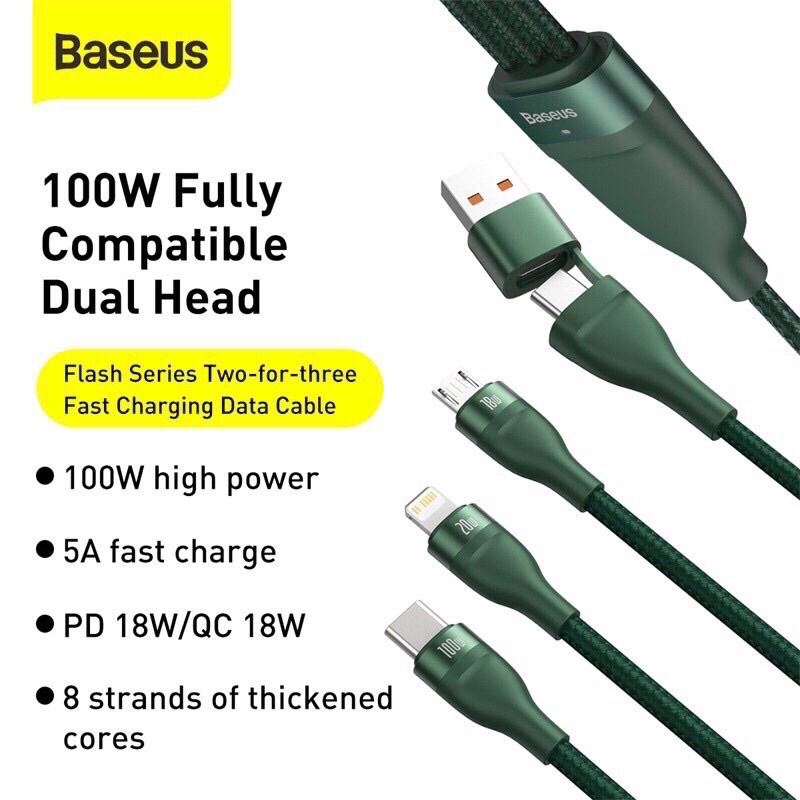 Dây sạc nhanh 3 đầu 100w cho các dòng điện thoại chính hãng Baseus