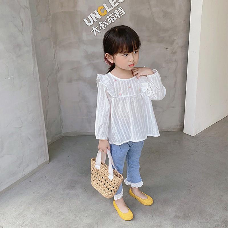 Áo tay dài cổ tròn màu trơn thêu trang trí dành cho bé gái