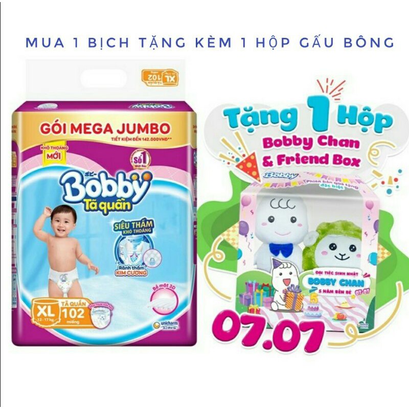 [Tặng Hộp Gấu Bobby 5 Gấu] Tã Quần Bobby Mega Jumbo Size L111, Xl102, XXl93 Miếng