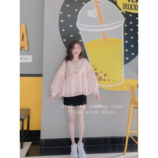 Áo sơ mi babydoll hồng nhạt phối cúc cổ v