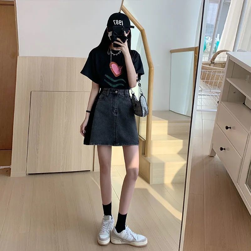Jiashucheng Chân Váy Denim Chữ a Lưng Cao Màu Sắc Tương Phản Thời Trang Mùa Hè Cho Nữ