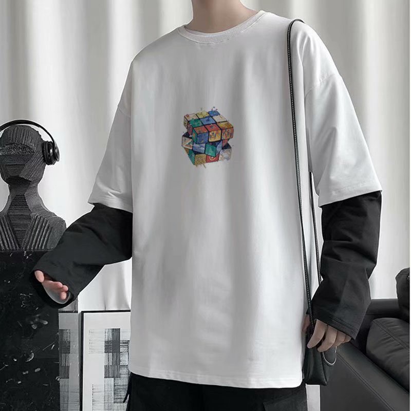 Áo Sweater Cổ Tròn Giả Hai Lớp Form Rộng In Họa Tiết Thời Trang Xu Hướng Hàn Quốc
