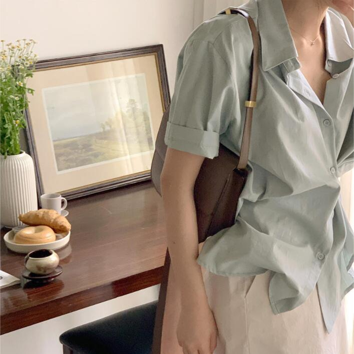 Áo Sơ Mi Tay Ngắn Màu Sắc Đơn Giản Phong Cách Hàn Quốc Cho Nữ