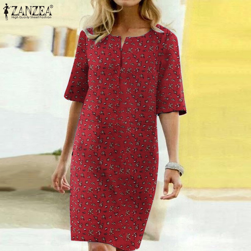 Váy midi Zanzea tay ngắn cổ chữ v in họa tiết hoa xinh xắn phong cách cổ điển thời trang cho nữ