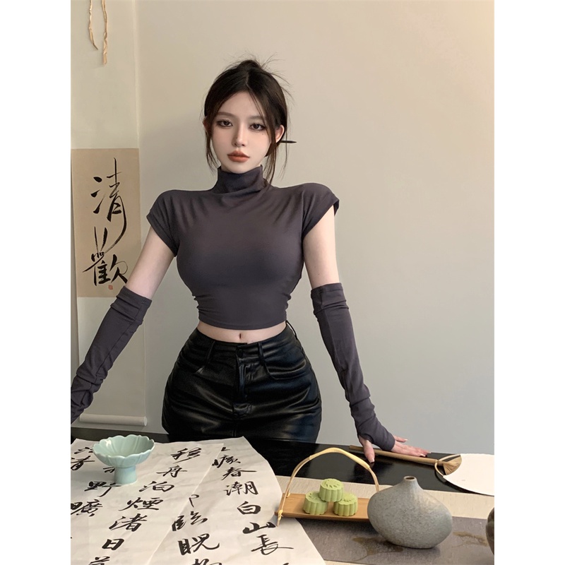 Áo thun cổ cao cột dây thời trang Hàn Quốc cho nữ