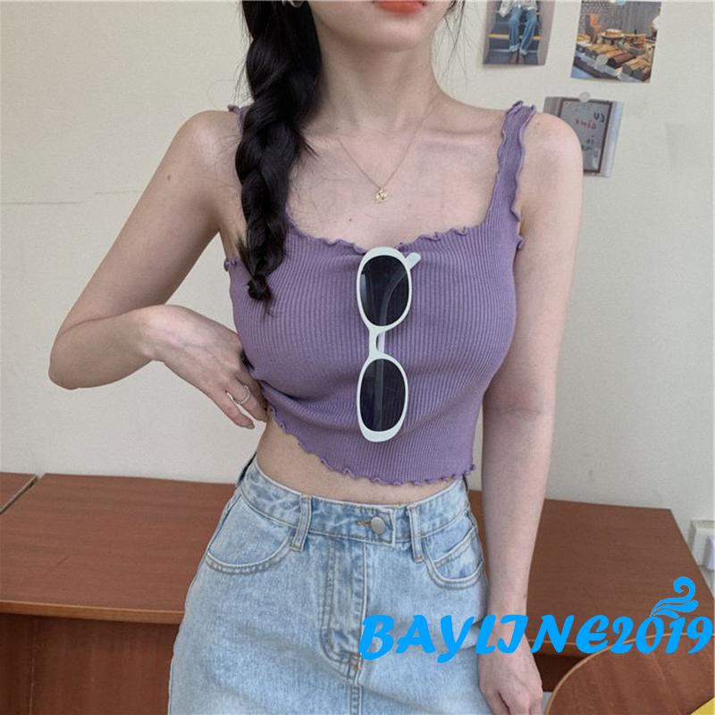 Áo Croptop Dệt Kim Không Tay Màu Sắc Trơn Gợi Cảm Cho Nữ