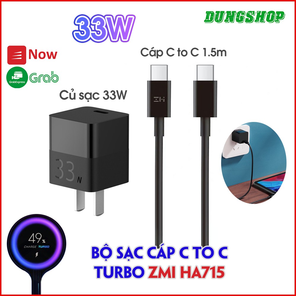 Bộ Sạc ZMI GaN 33W MINI - HA715 - Sạc nhanh PD, QC ( Gồm Củ sạc 33W + Cáp C to C 1.5m )