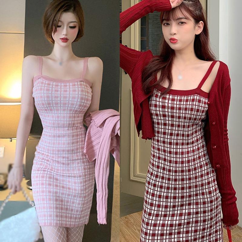 Áo khoác cardigan/ Đầm ôm 2 dây dệt kim hở lưng gợi cảm cho nữ