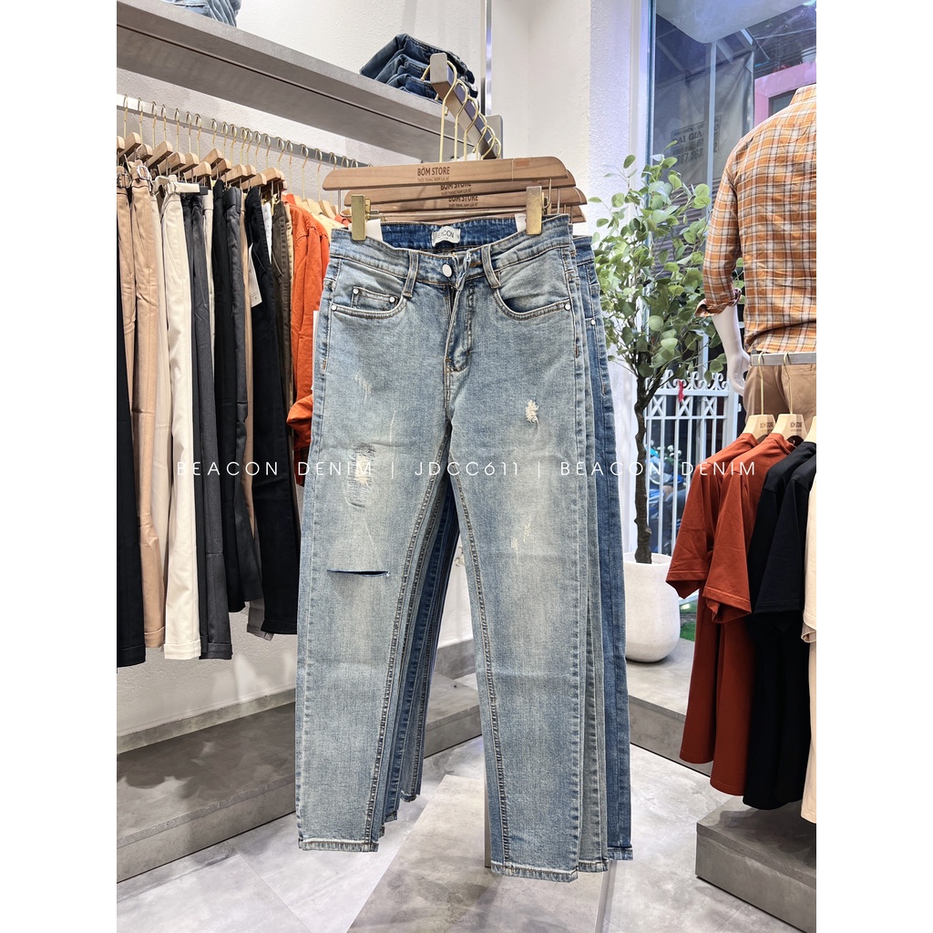 Quần Jean Dài Nam Cao Cấp Xanh Rách Gối Phải BEACON DENIM Form Slim Fit JDCC611