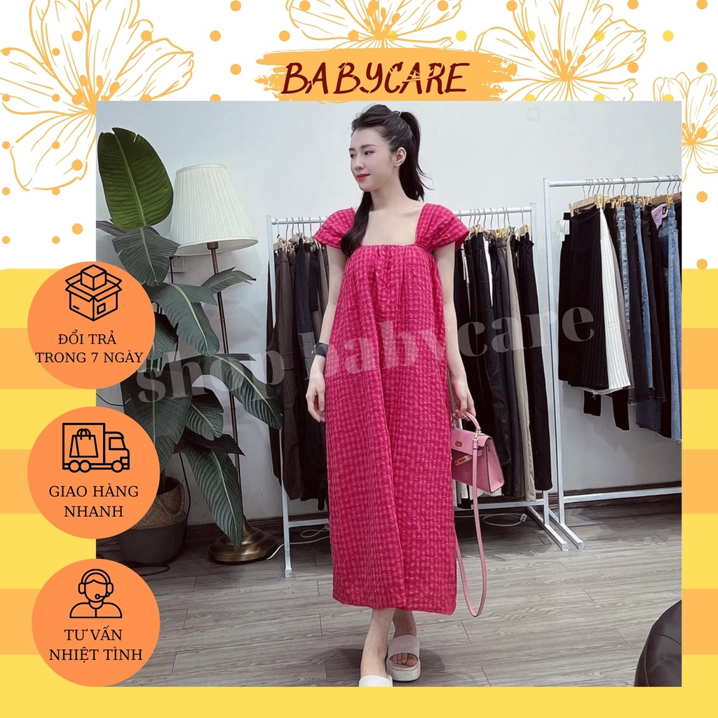 VÁY BẦU 2 DÂY BẢN TO CHẤT THÔ HÀN XỐP KẺ CARO-ĐẦM BẦU MÙA HÈ CHẤT MÁT NHIỀU MÀU