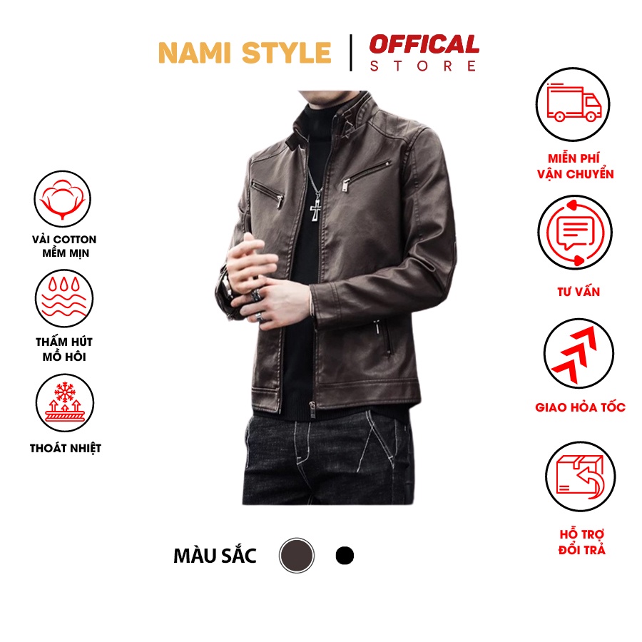 Áo khoác da nam khóa túi kéo chất da xịn cao cấp-Da02 bảo hành 2 năm