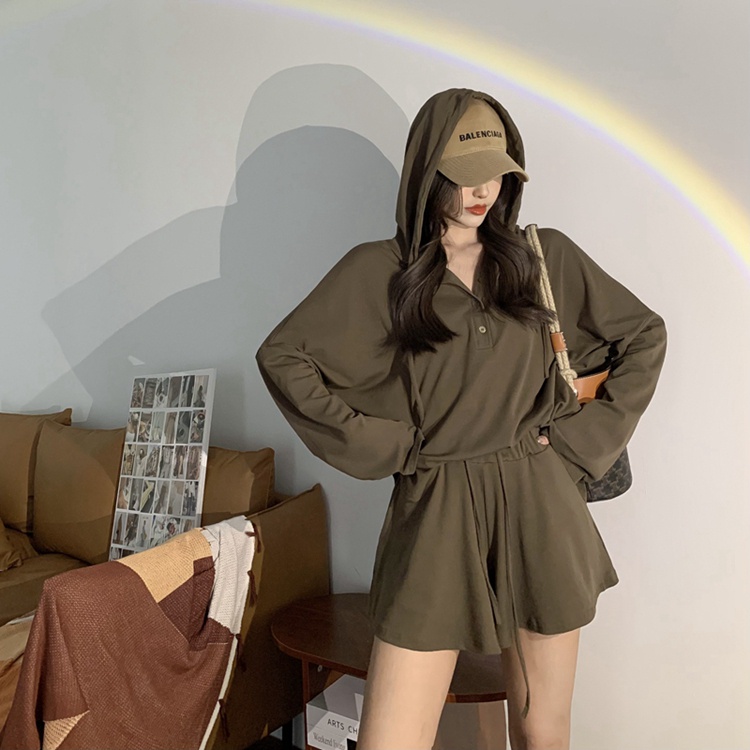 Bộ Áo Hoodie Tay Dài Dáng Rộng + Quần Short Lưng Cao Thời Trang Hàn Quốc Cho Nữ