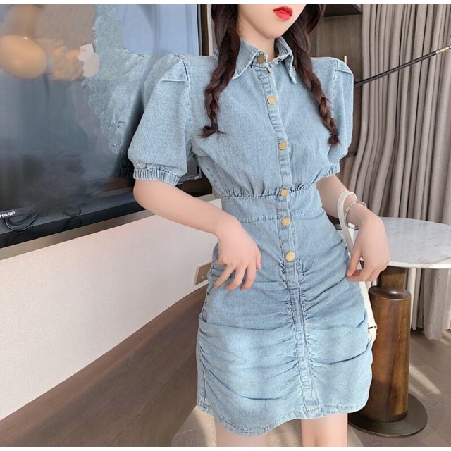 Đầm Jeans nhúng tay phồng