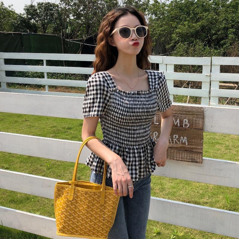 Áo sơ mi IELGY cổ vuông họa tiết sọc caro phong cách retro Hong Kong độc đáo