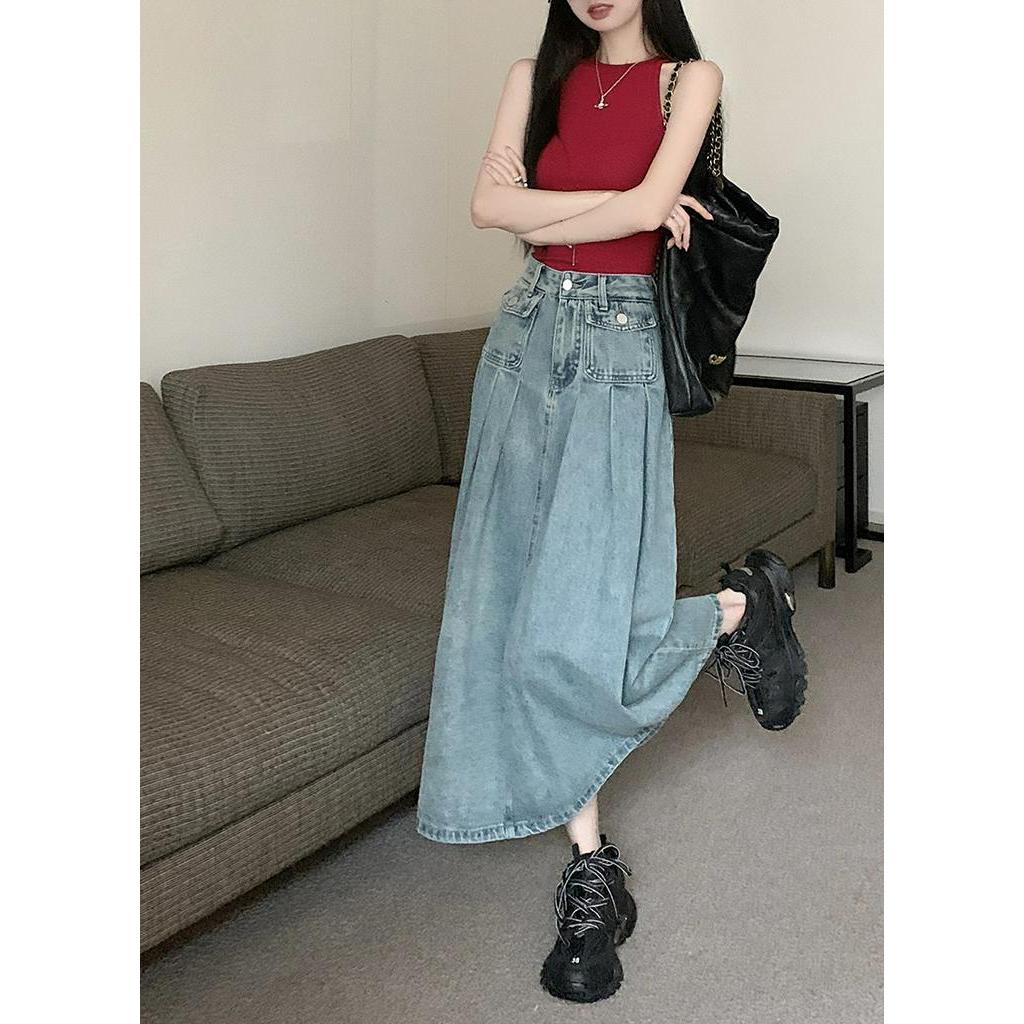 Chân Váy Denim Dài Dáng Chữ A Xếp Ly Lưng Cao Thời Trang Mùa Hè 62894