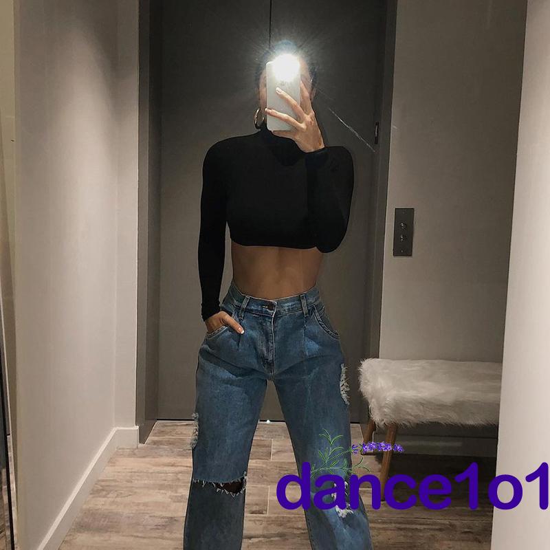 Áo Croptop Tay Dài Cổ Lọ Màu Trơn Thanh Lịch