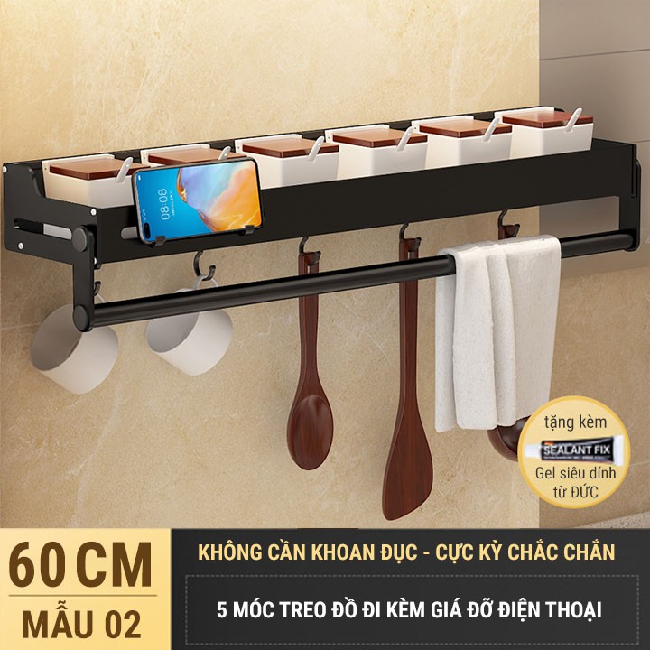 Kệ đựng gia vị nhà bếp không khoan tường dài 60 cm kèm thanh treo khăn - Mẫu 02