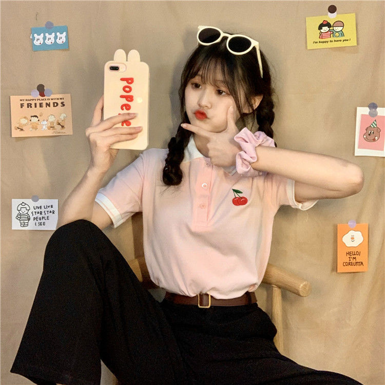 Áo Thun Polo Ngắn Tay Thêu Họa Tiết Cherry Xinh Xắn Dành Cho Nữ | BigBuy360 - bigbuy360.vn