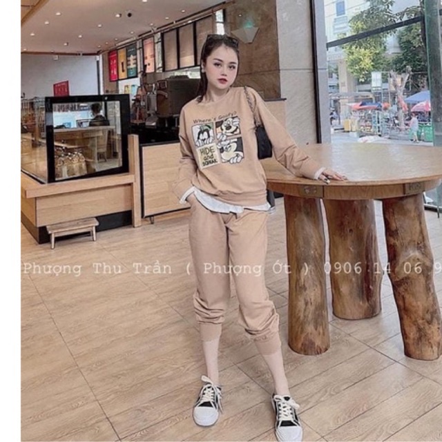 Set bộ nỉ bông mickey áo phối gấu trắng mix quần bo ống siêu đẹp l1 pl kimng hmai