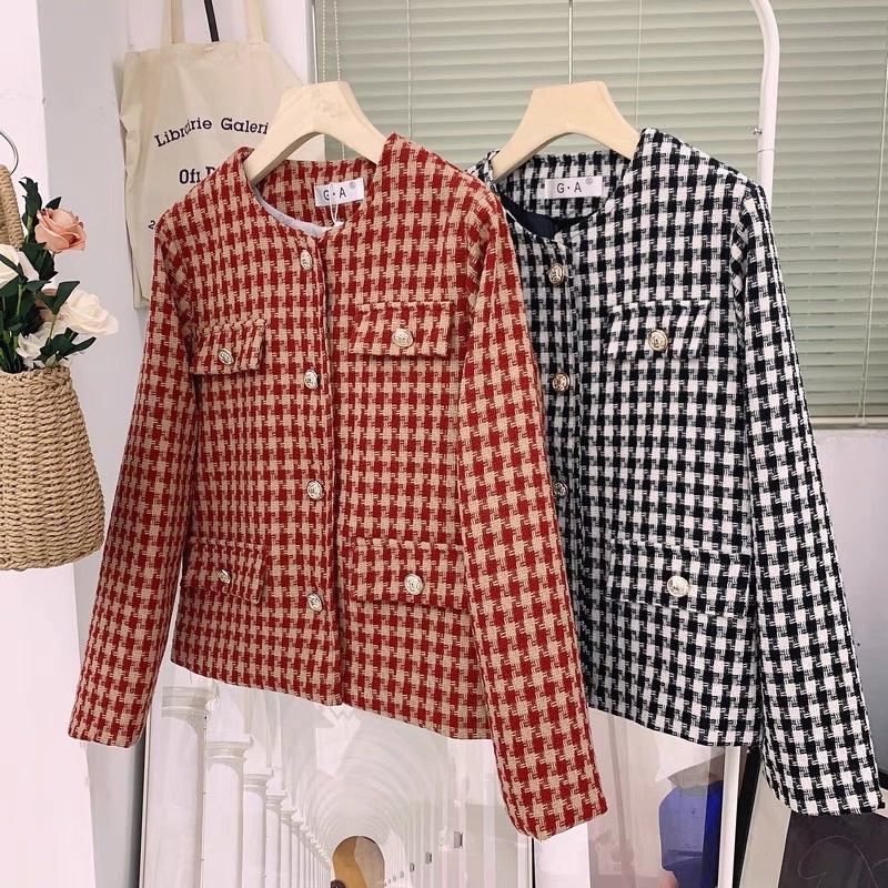 Áo Dạ Tweed túi giả kẻ mỏng nhẹ 2 lớp dọc khuy vàng siêu đẹp