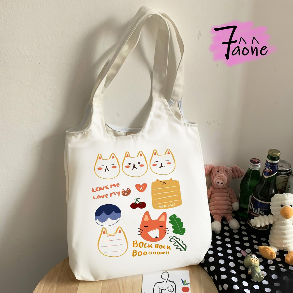 Túi Vải Quai Tròn Sắc Màu Cute Có Túi Con Tote Vải Canvas