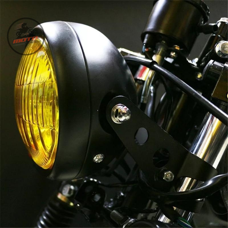 Đèn pha xe máy độ 16cm gáo săt sơn đen mặt kính trong chuyên độ các dòng xe classic, cafe racer , vintage