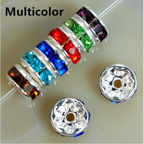 Bộ 50 hạt cườm mạ bạc đính đá pha lê lấp lánh 8mm