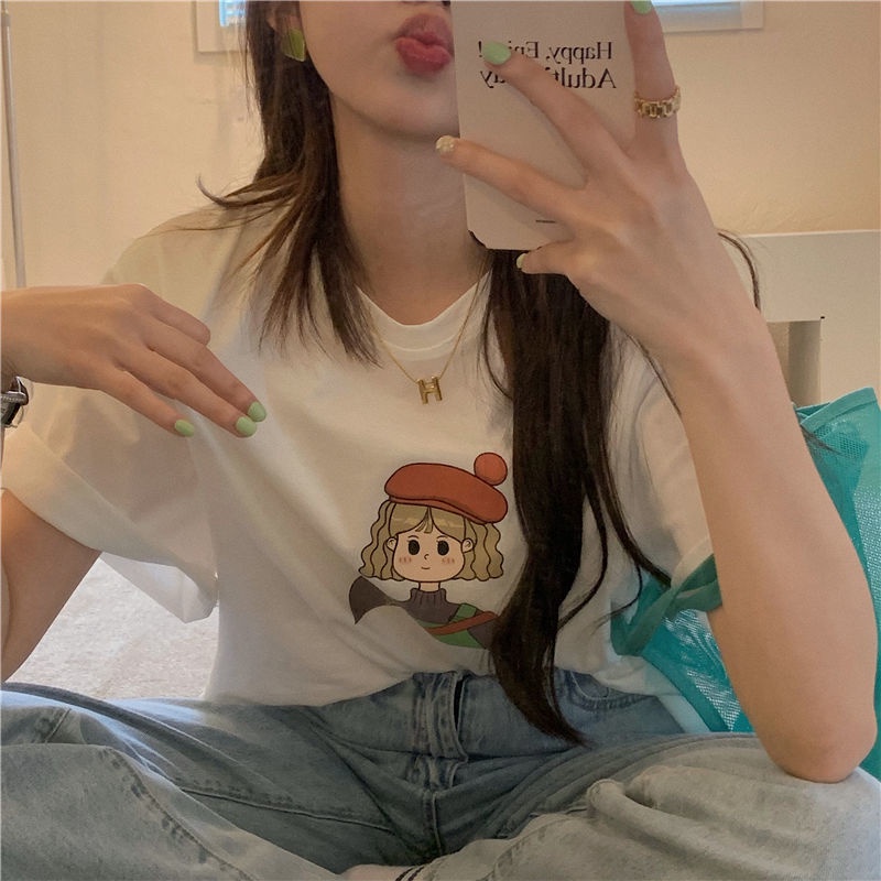 Áo Thun Ngắn Tay Dáng Rộng In Họa Tiết Xinh Xắn Theo Phong Cách Mùa Hè Dành Cho Nữ