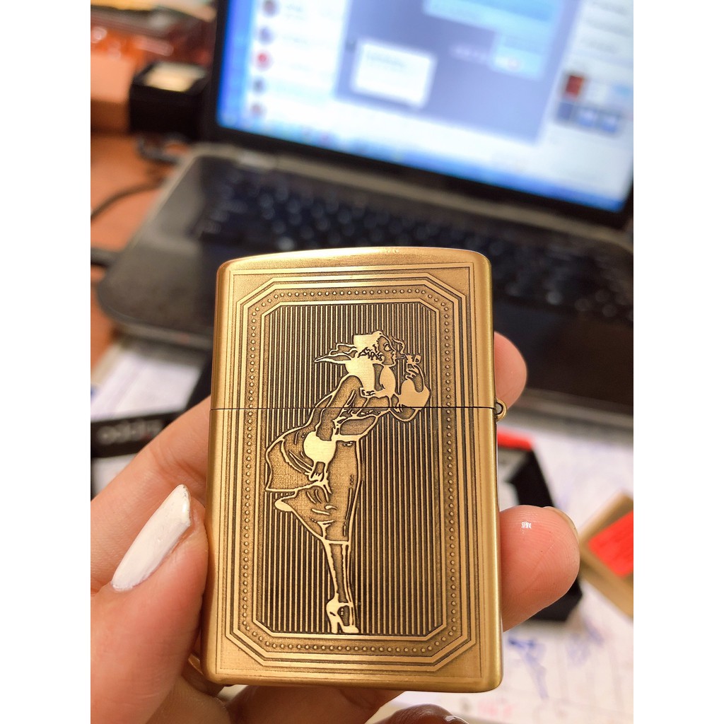 VỎ ZIPPO KHẮC CHÌM MẪU WINDY 2 MẶT MÀU VÀNG RUỘT TRẮNG