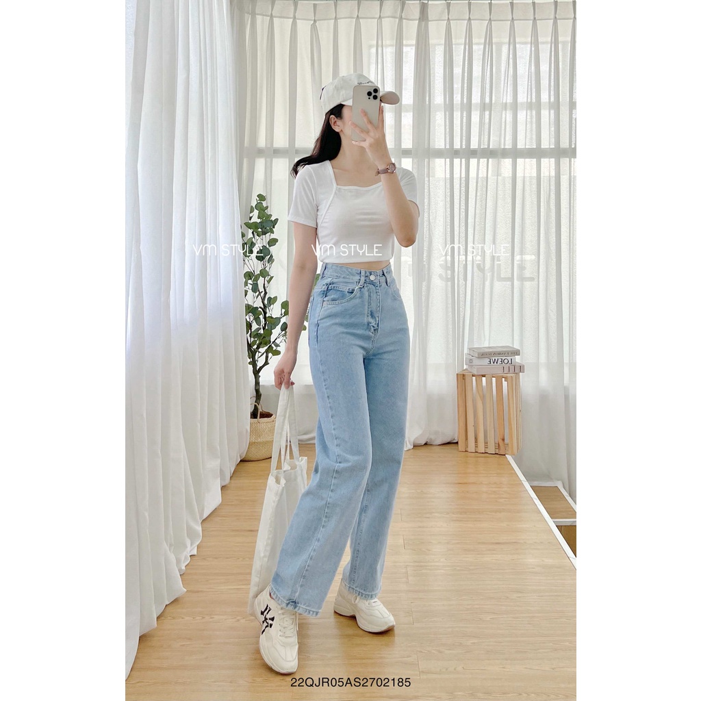 Quần jean nữ ống rộng VMSTYLE lưng cao trơn lai thường N110 Đ111 QJR00101