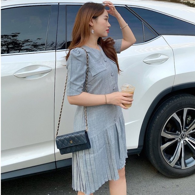 Đầm cổ tim dáng suông xếp li túi giả, đi chơi, công sở LXK00010 | BigBuy360 - bigbuy360.vn