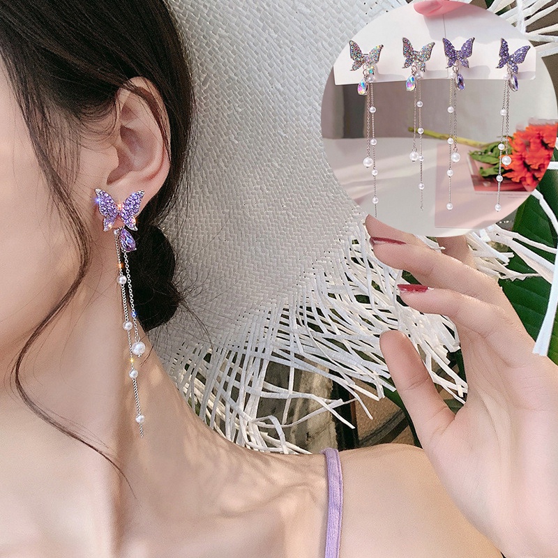 Bông Tai Thời Trang Kiểu Dây Xích Phối Mặt Hình Bướm Có Đính Ngọc Trai Đầy Độc Đáo