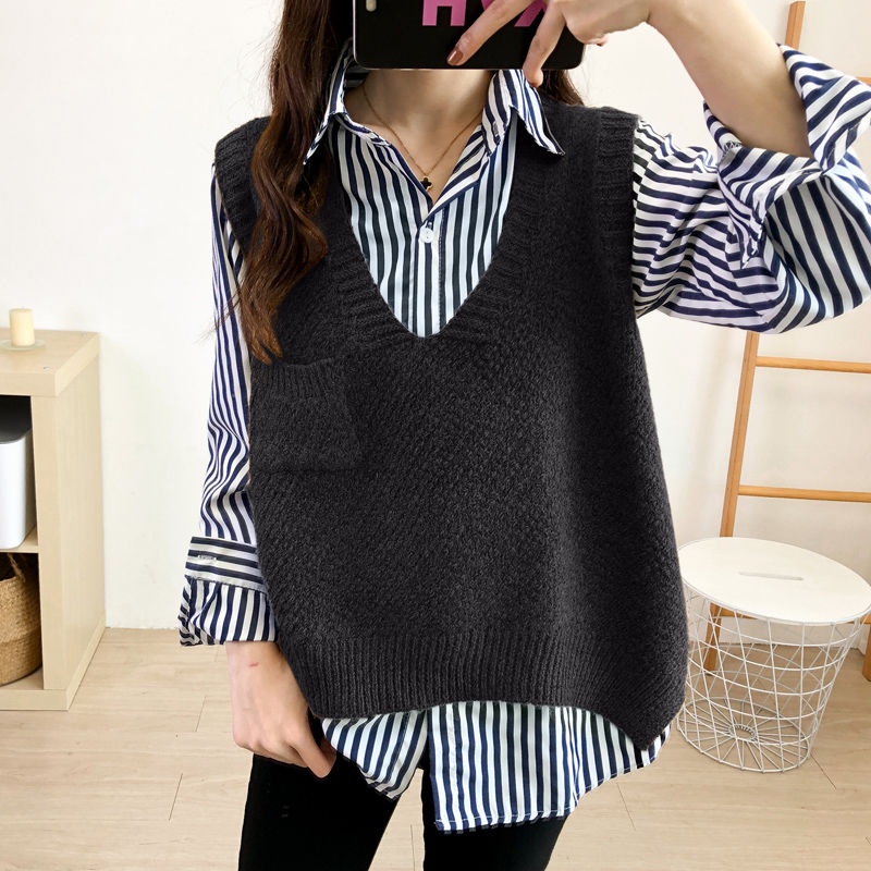 Áo Ghi Lê Dệt Kim Nữ Hàn Quốc Không Tay Cổ Chữ V Size Lớn 40-80KG Có Túi Thời Trang Hợp Thời Trang