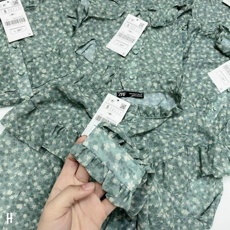 Áo kiểu sơ mi hoa voan bèo ngực túi zip