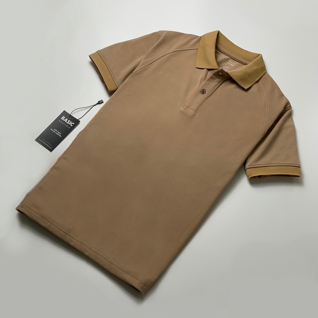 Áo polo áo cổ trụ màu nâu cafe phối gân dọc lịch sự dễ phối đồ