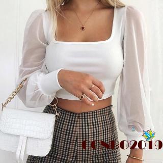Áo croptop tay dài phối lưới xuyên thấu siêu quyến rũ cho nữ