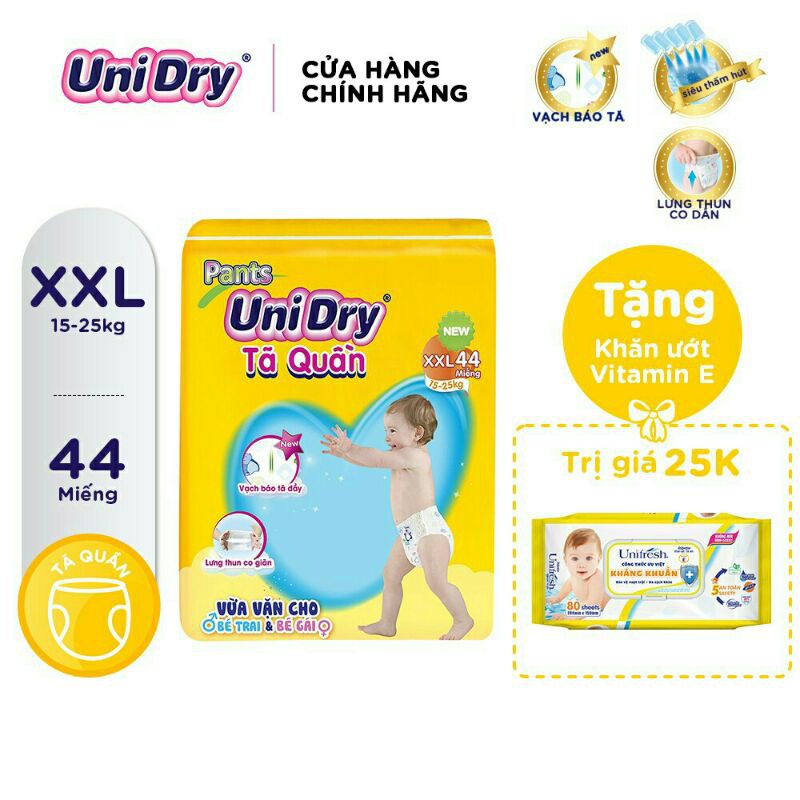 (tặng kèm 1 gói khăn ướt) Tả quần unidry size xxl 44 miếng