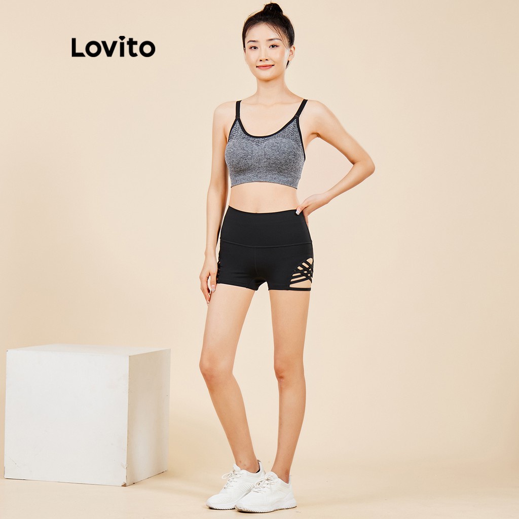 Quần ngắn thể thao Lovito lưng cao màu trơn phối chữ thập L15X228 (Màu đen)