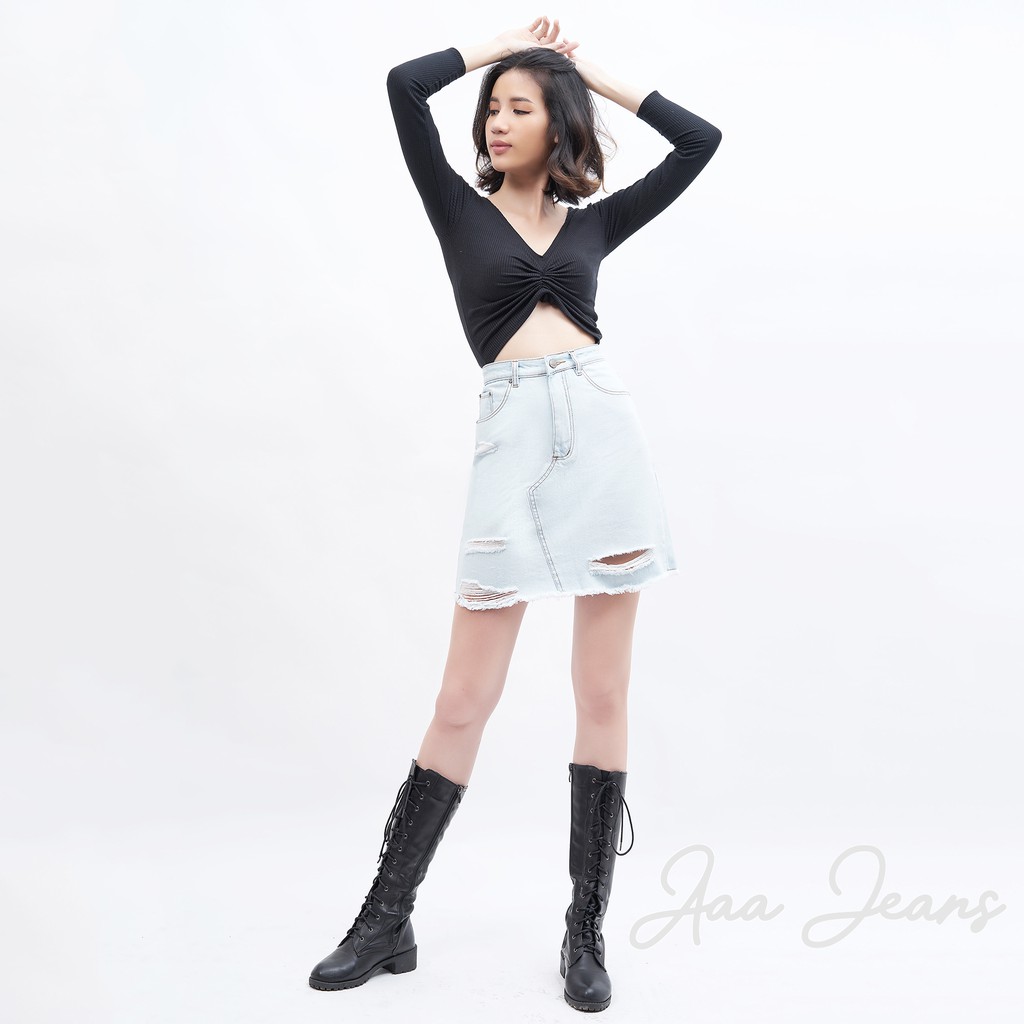 Chân Váy Jean Aaa Jeans Lưng Cao Rách Xanh Phấn | BigBuy360 - bigbuy360.vn