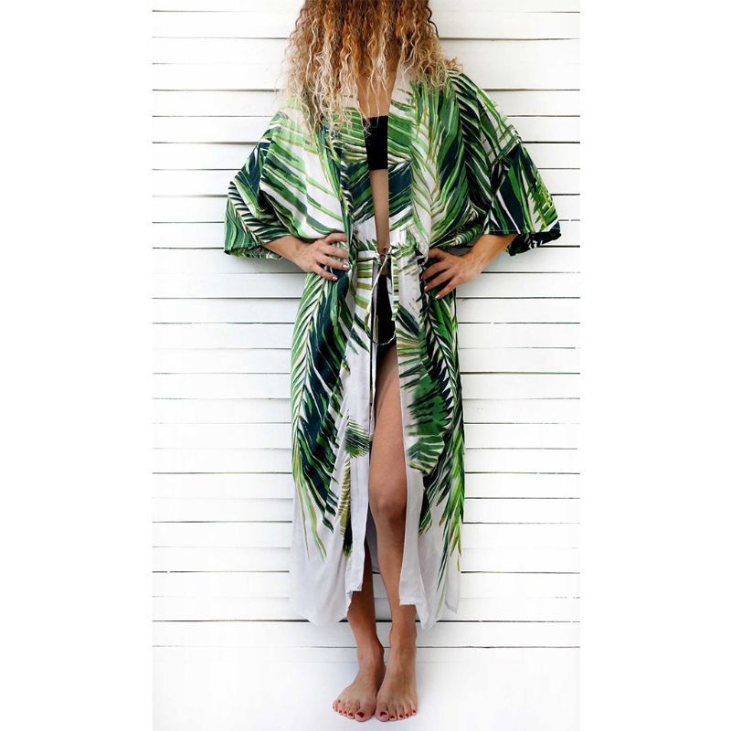 Bộ Đồ Bơi Kimono Họa Tiết Lá Cây Nhiệt Đới Eo Cao Phối Dây Rút Trước Phong Cách Boho Thời Trang Mùa Hè Cho Nữ