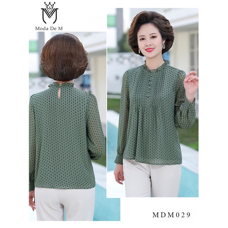 Áo trung niên nữ sơ mi voan chiffon họa tiết chấm bi sang trọng tặng mẹ, đủ size M - 3XL - MODA 029
