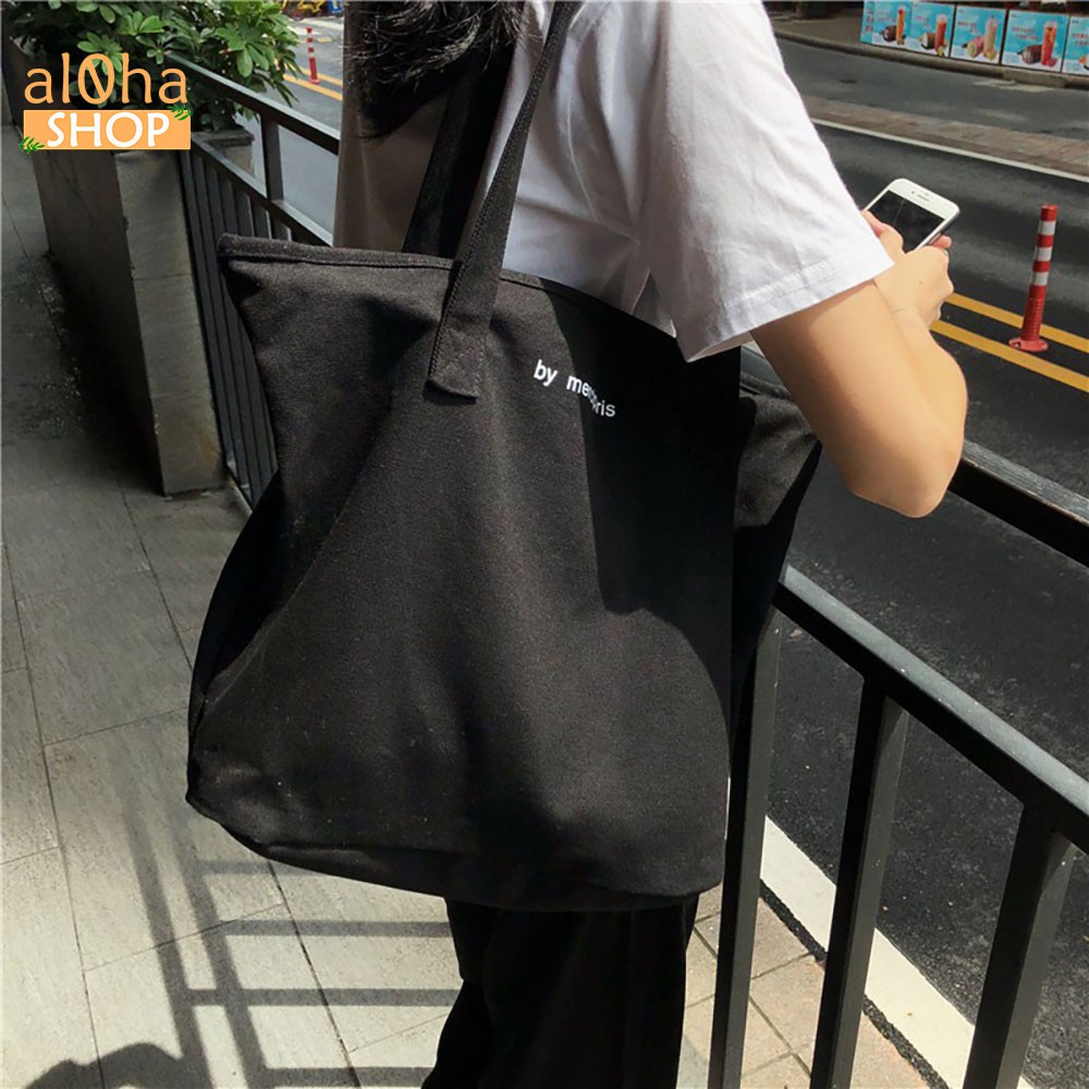 Túi tote đeo vai vải bố canvas T052 nữ in chữ by merciparis có khóa kéo, mềm, đẹp phong cách Hàn