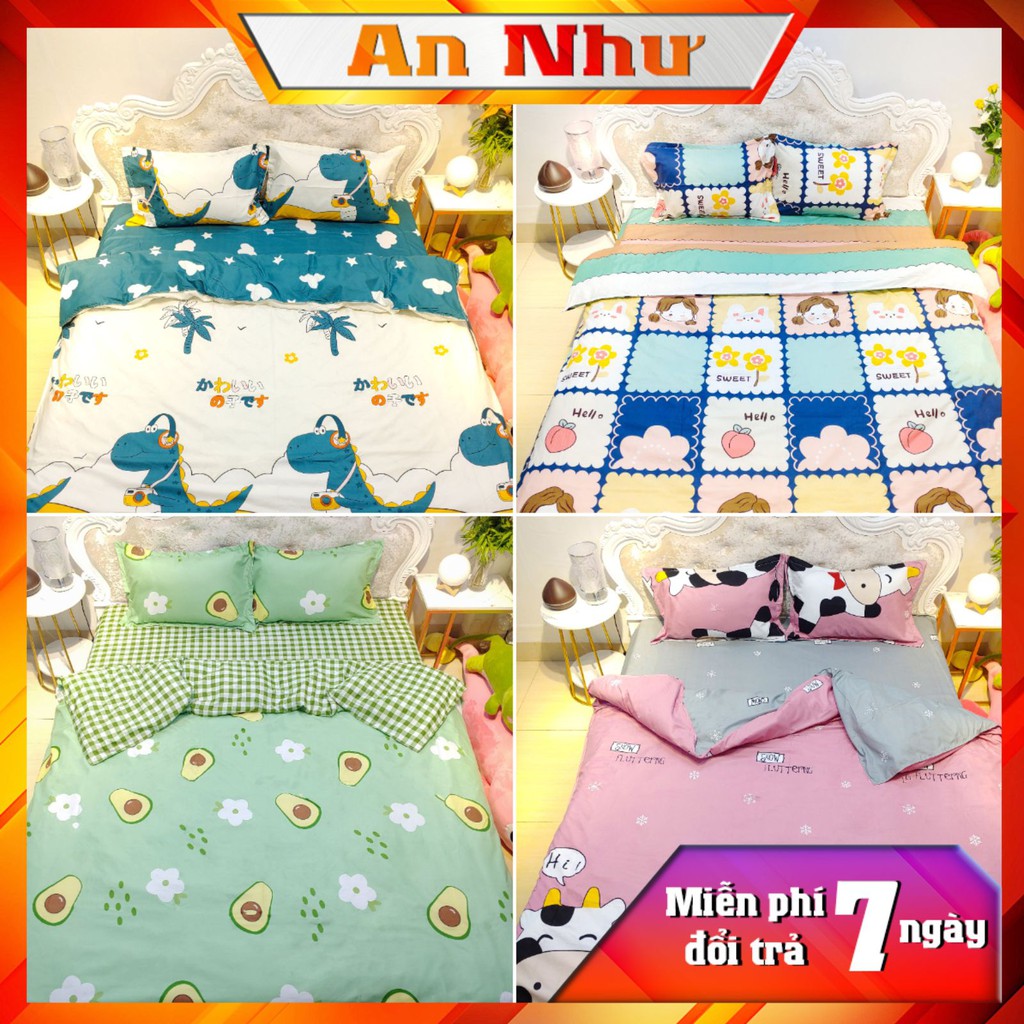 Bộ chăn ga gối An Như vỏ chăn ga gối cotton poly, drap giường 4 món poly nhập hoa lá