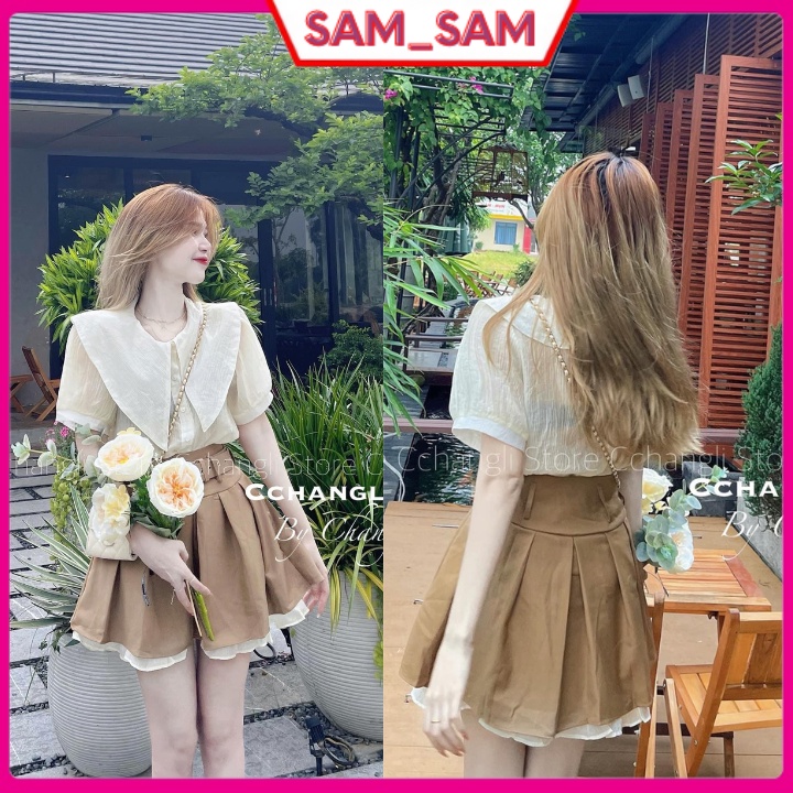 Set đồ nữ-Sét áo sơ mi cổ sen, mix chân váy xếp ly 2 tầng kèm dây lưng nâu xinh đẹp tại sam_sam_shop_1011